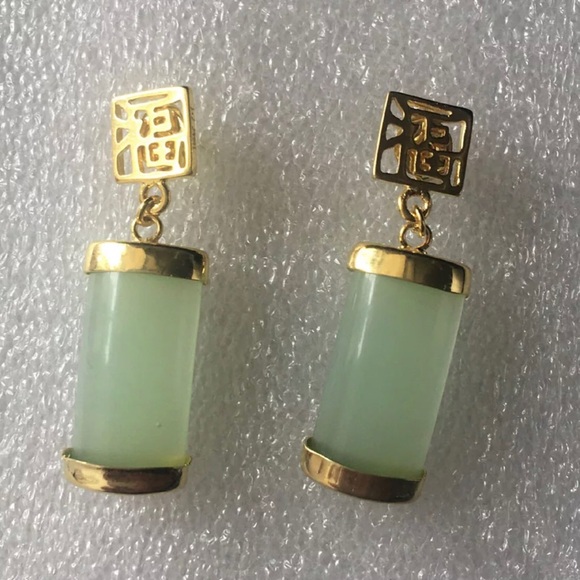 Natural Green Jade 18KGP Fortune Pendant Necklace Drop Earring set 福PENDANT - Picture 6 of 6